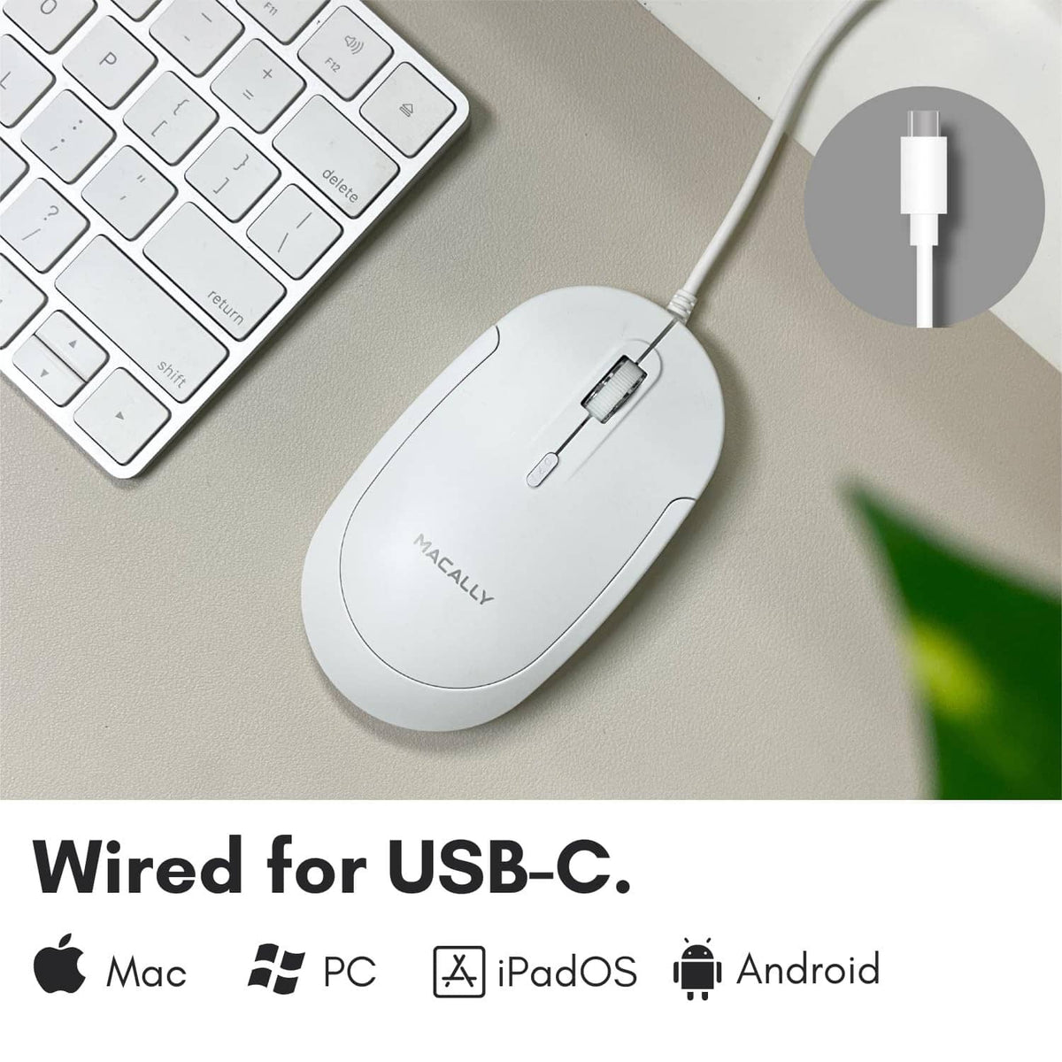 White wired optical mouse on desk with USB-C connector, 3-button design