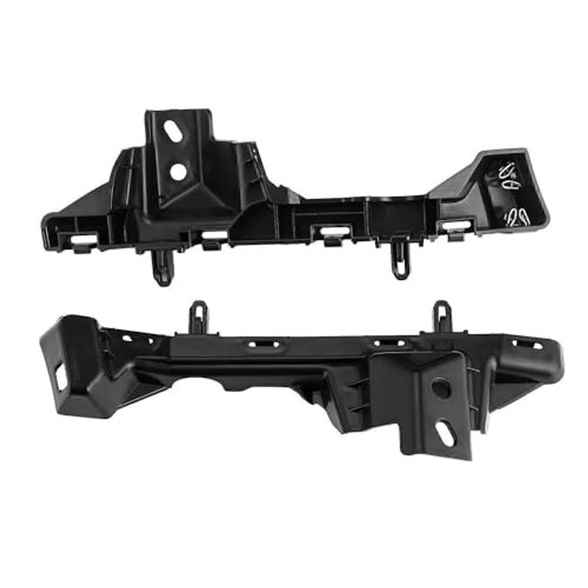 Black plastic bumper support brackets with side tabs and mounting openings