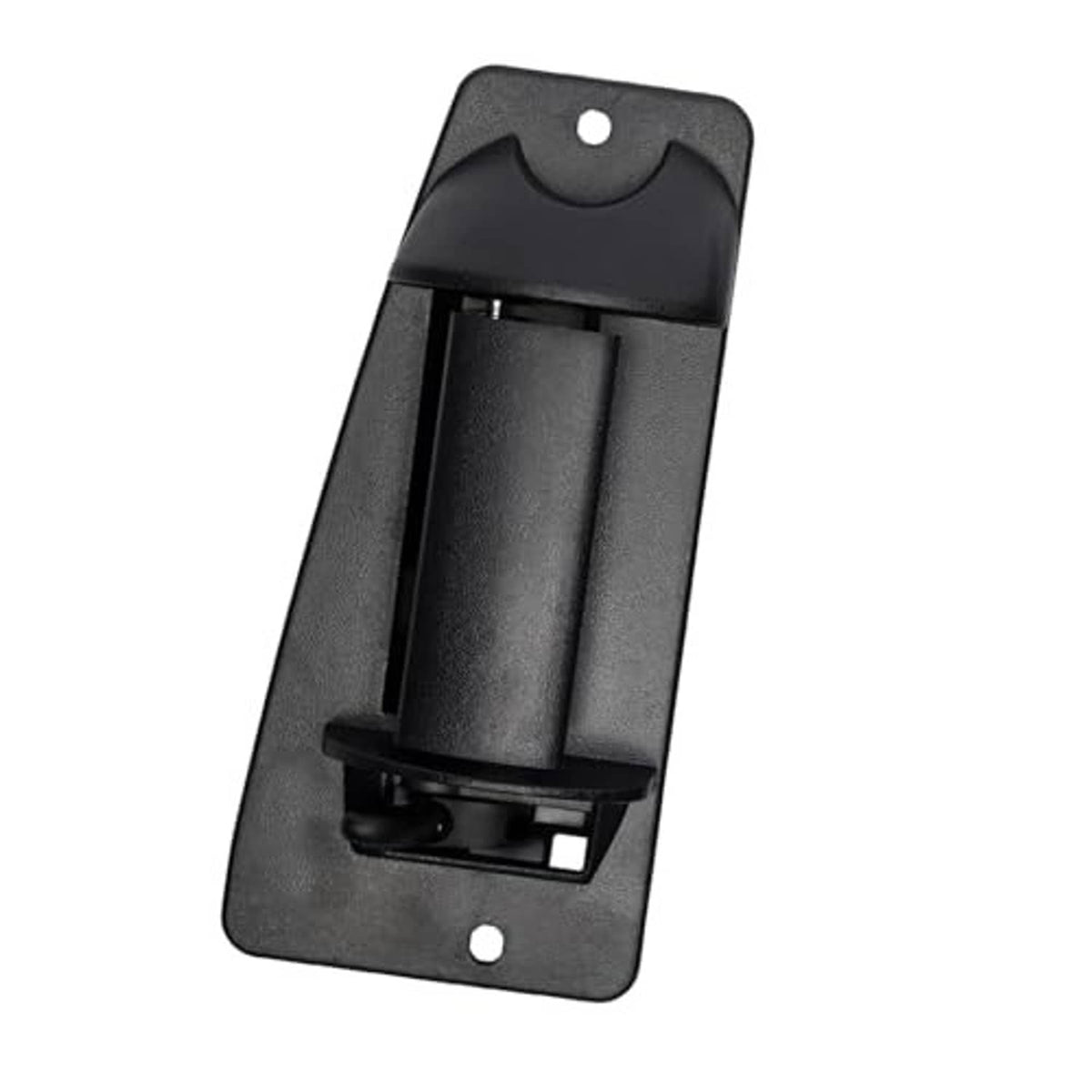 Black textured exterior door handle with inner latch opening and two mounting holes