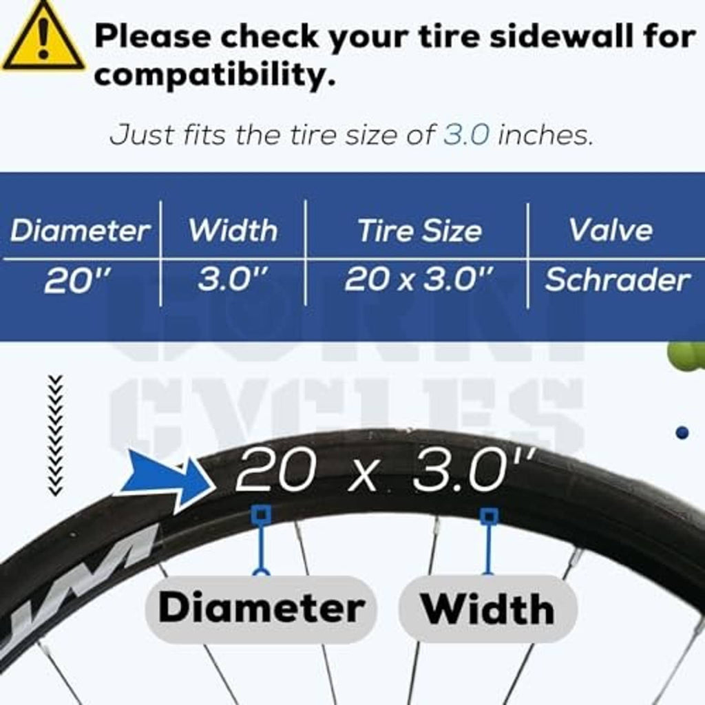 Black inner tube size diagram showing 20-inch diameter and 3.0-inch width