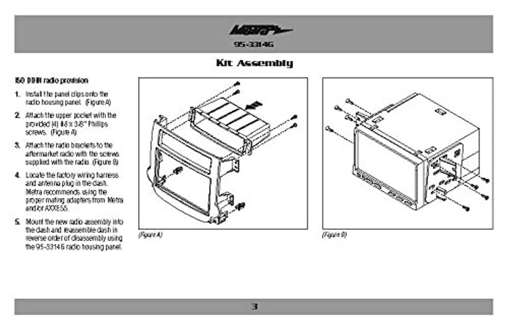 Printed installation guide for Double DIN dash kit with storage pocket, step diagrams