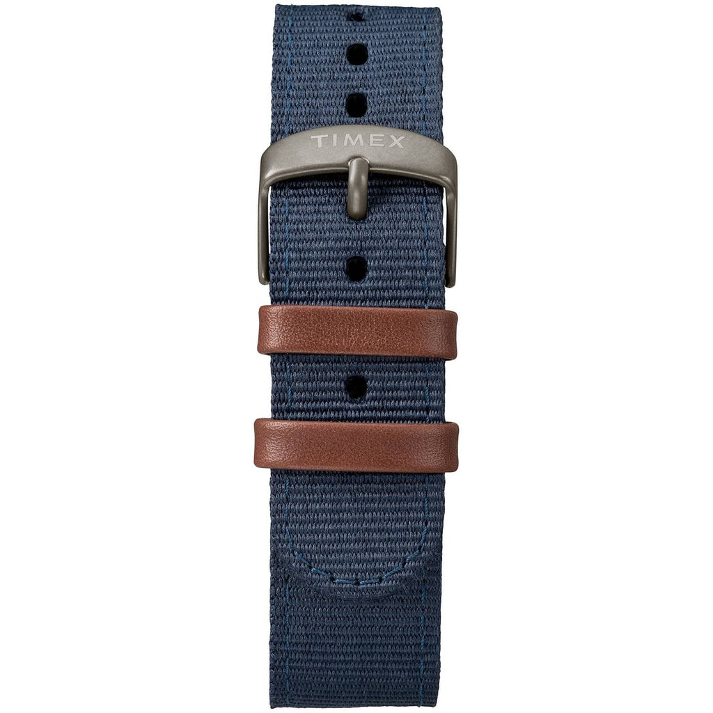 Wristwatch strap view with blue fabric band and brown leather keeper buckle