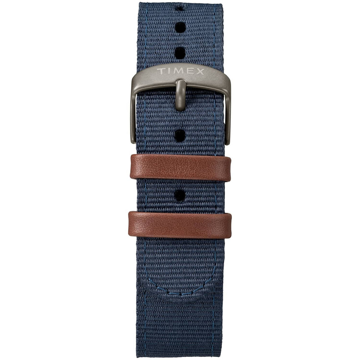 Wristwatch strap view with blue fabric band and brown leather keeper buckle