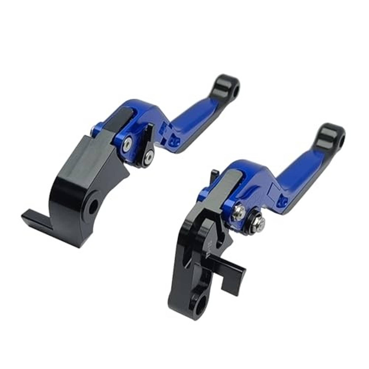 Blue motorcycle brake/clutch levers with black housings and foldable ends