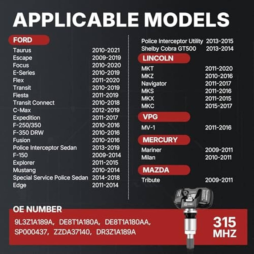 TPMS compatible models chart card with sensor illustration and OE number list