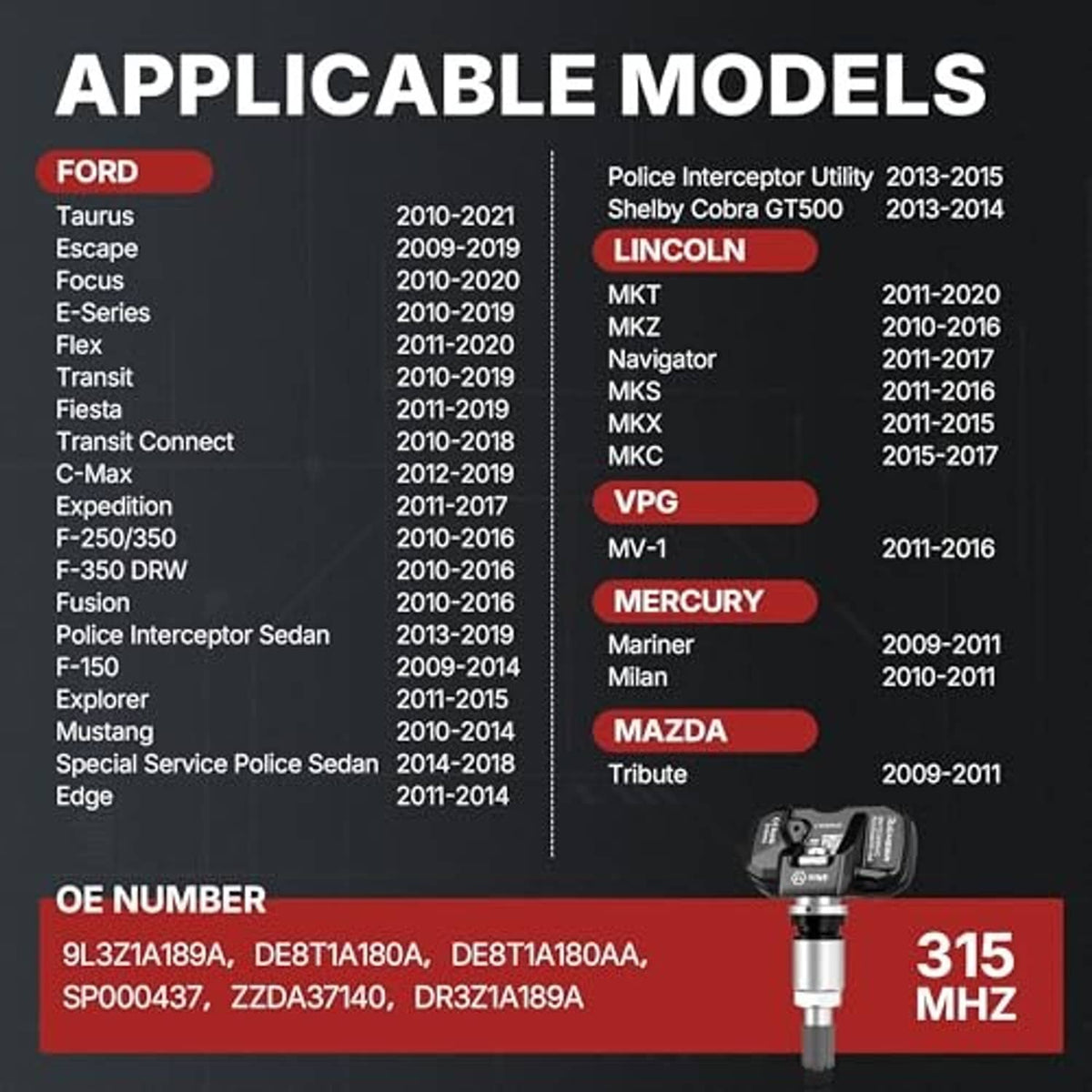 TPMS compatible models chart card with sensor illustration and OE number list