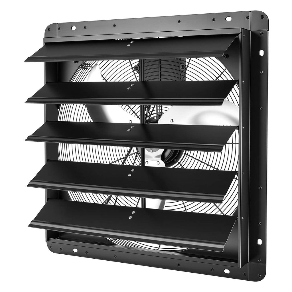 Wall-mounted shutter exhaust fan with black louvered louvers and grille frame