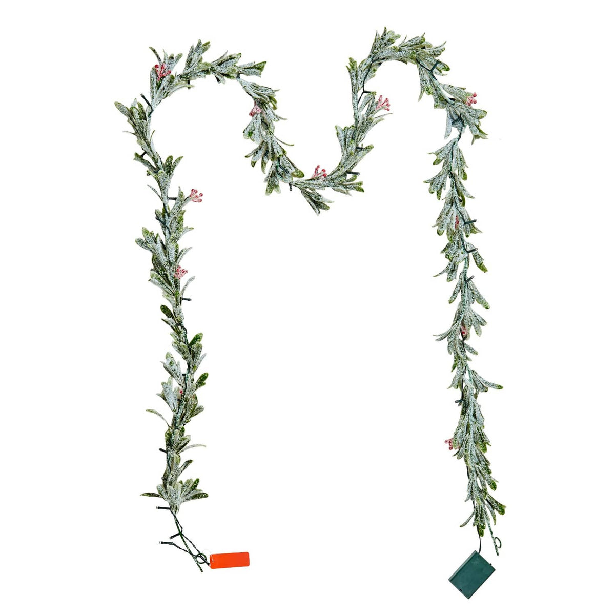 Christmas garland wreath with vine leaves and red berries, with attached light connectors
