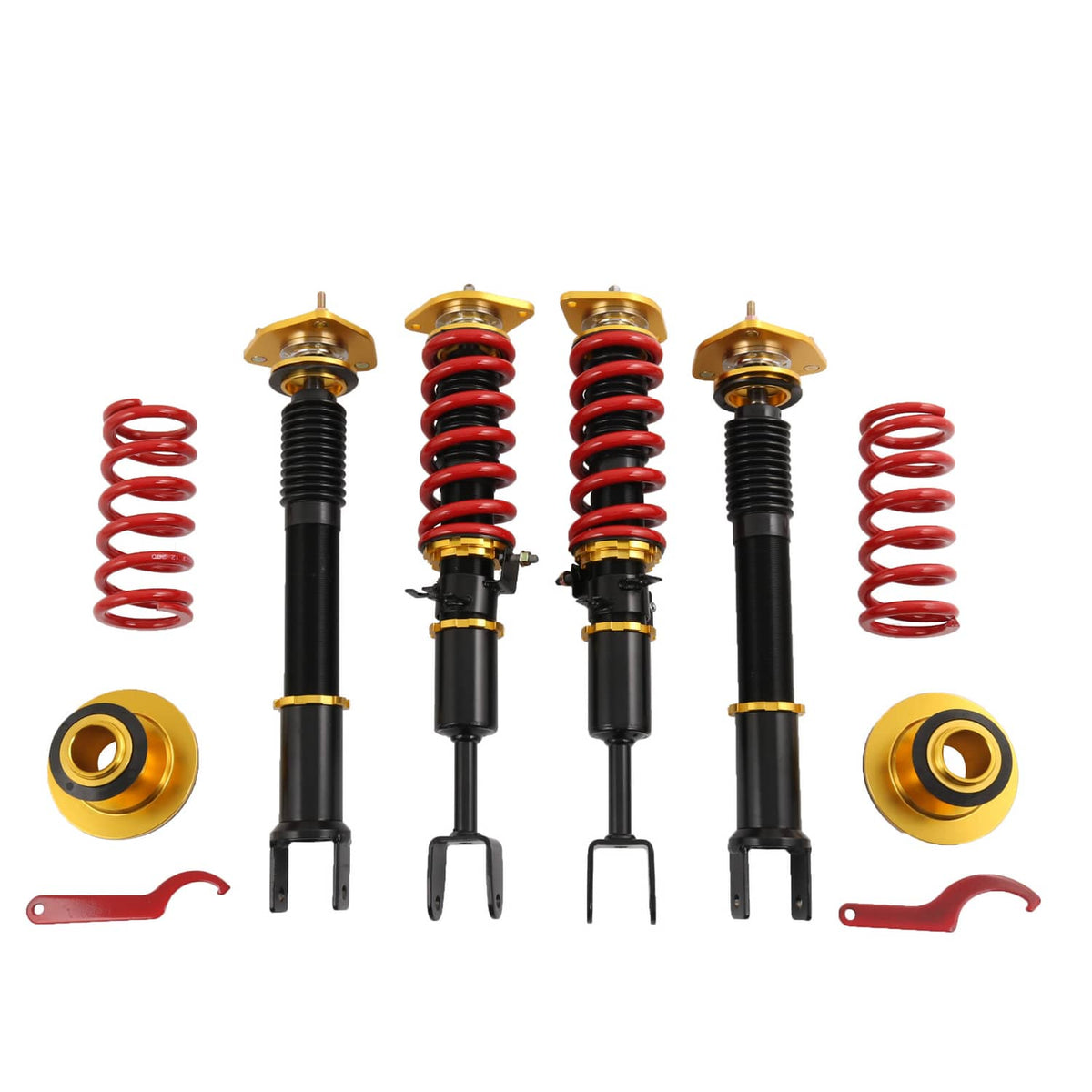Pair of coilovers with red springs, black bodies, gold top hats, plus adjustment parts