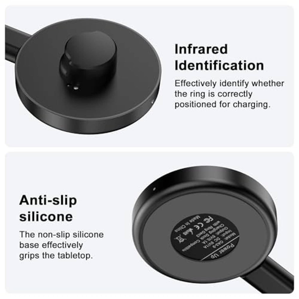 Black silicone-based charging dock with ring stand and cable