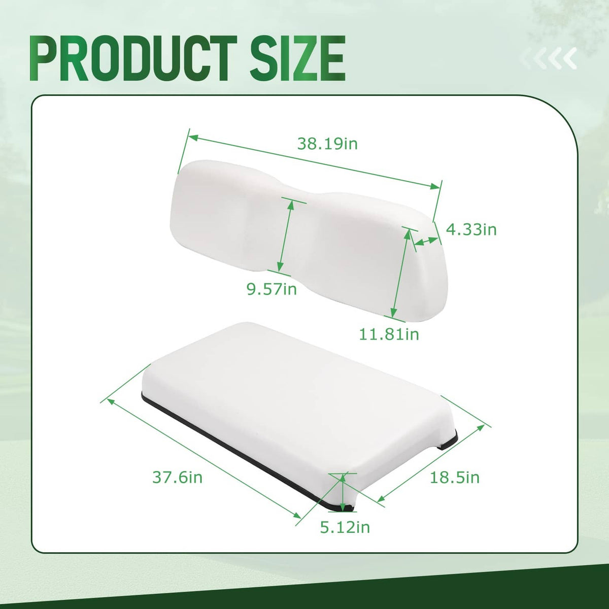 White seat backrest and cushion size layout diagram on a card