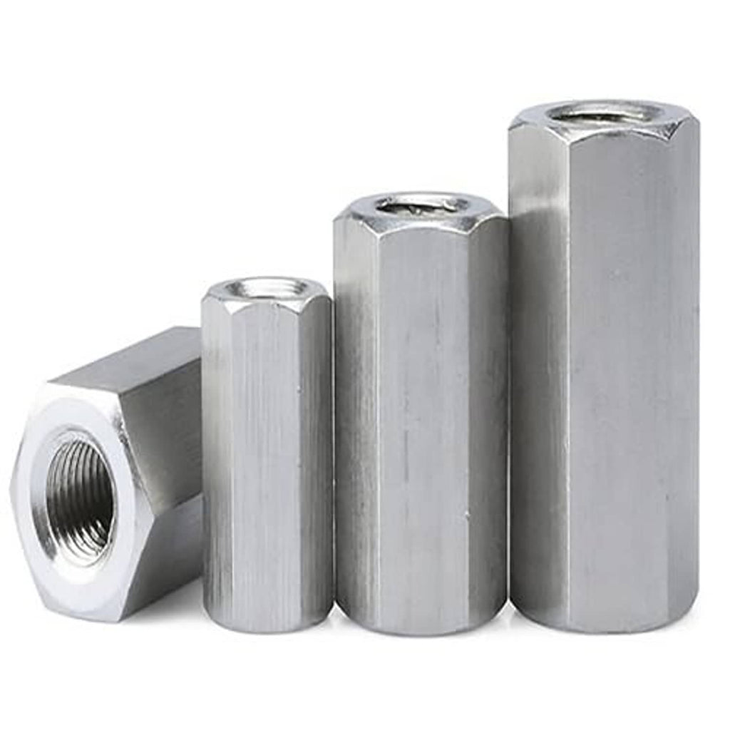 Stainless steel hex extension nuts, M10 threaded openings, brushed metal finish