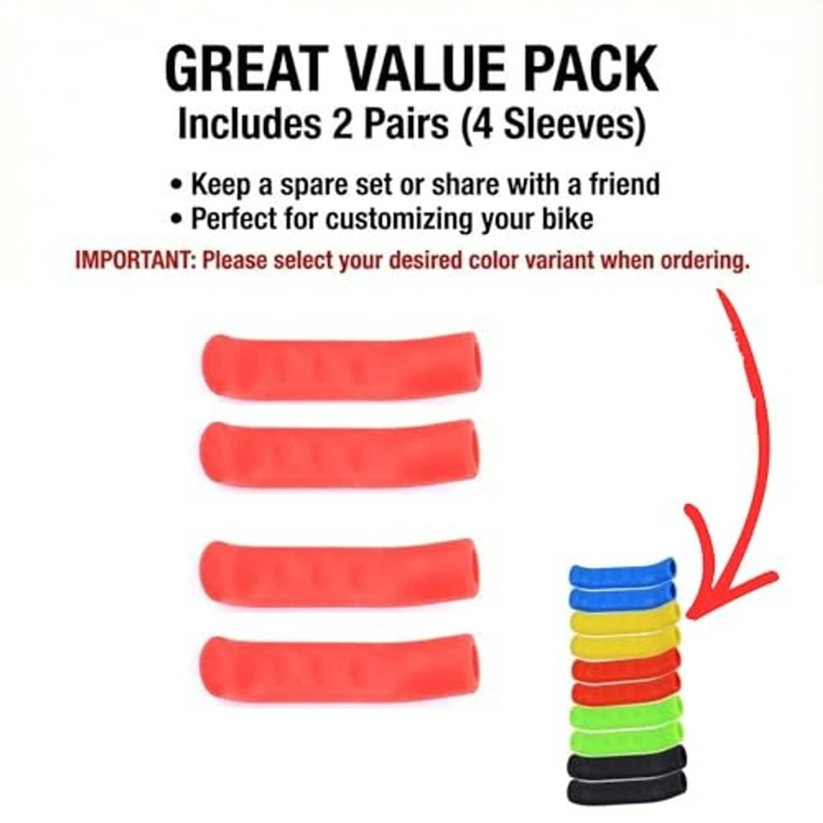 Silicone brake lever sleeves bundle with multiple pairs in red, blue, black, and green.