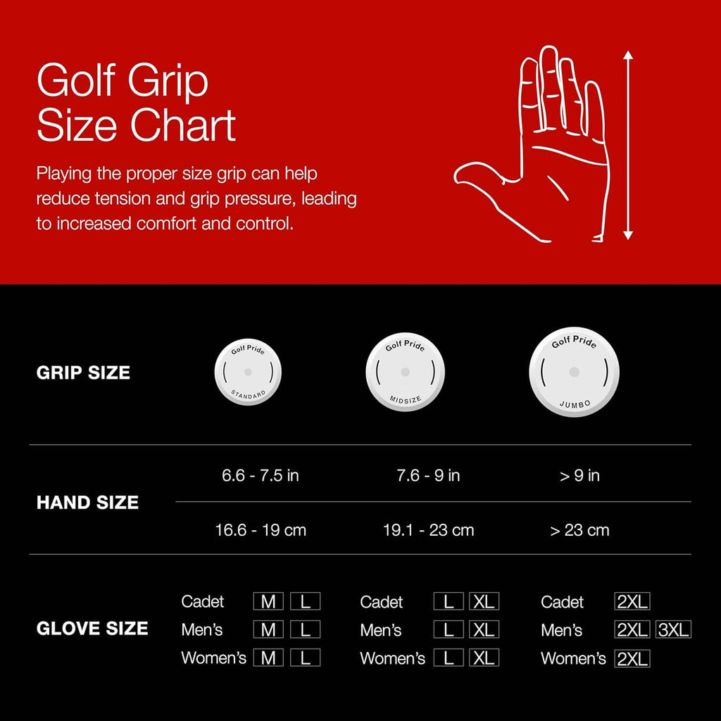 Golf grip size chart showing grip size, hand size, and glove size ranges