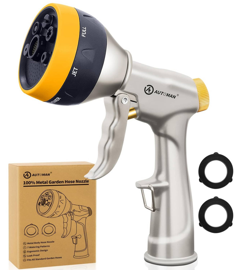 Metal garden hose nozzle sprayer with yellow head and trigger handle, plus ring parts