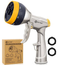 Metal garden hose nozzle sprayer with yellow head and trigger handle, plus ring parts
