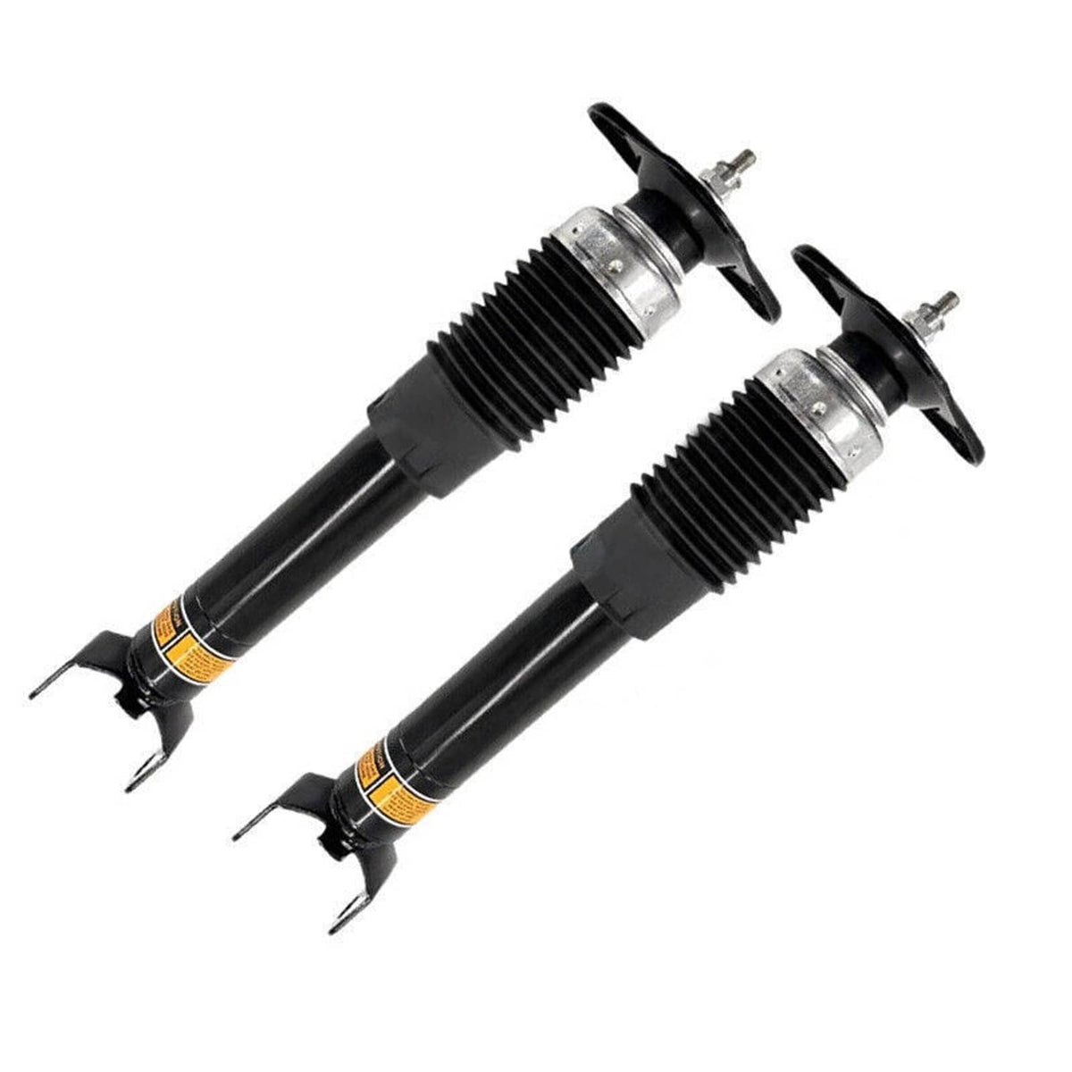 Magnetic shock absorbers set with top eyelet struts and silver end caps on black boots