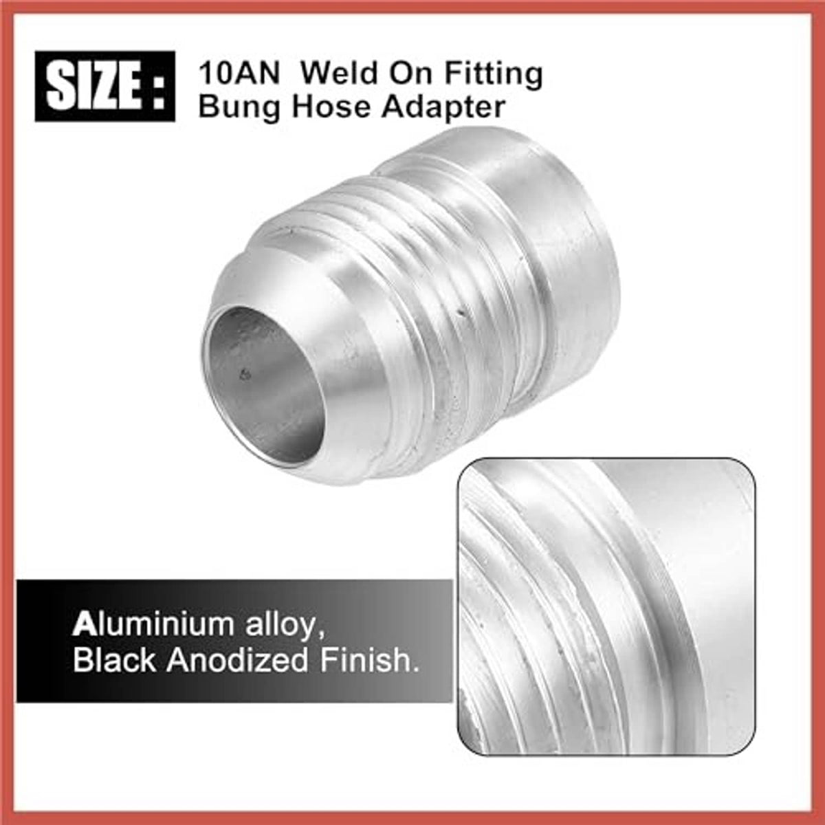 Silver aluminum weld-on bung hose adapter, male threaded fitting with flange lip