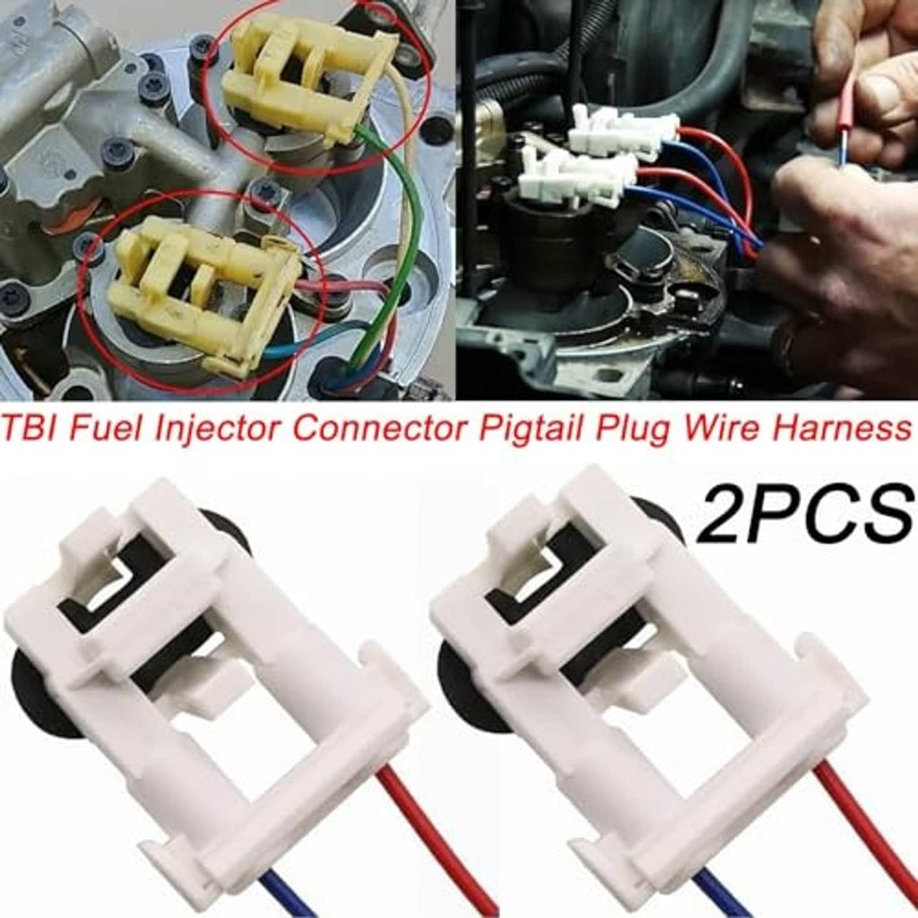 TBI fuel injector connector pigtail set with red, blue, green and black wires on engine parts