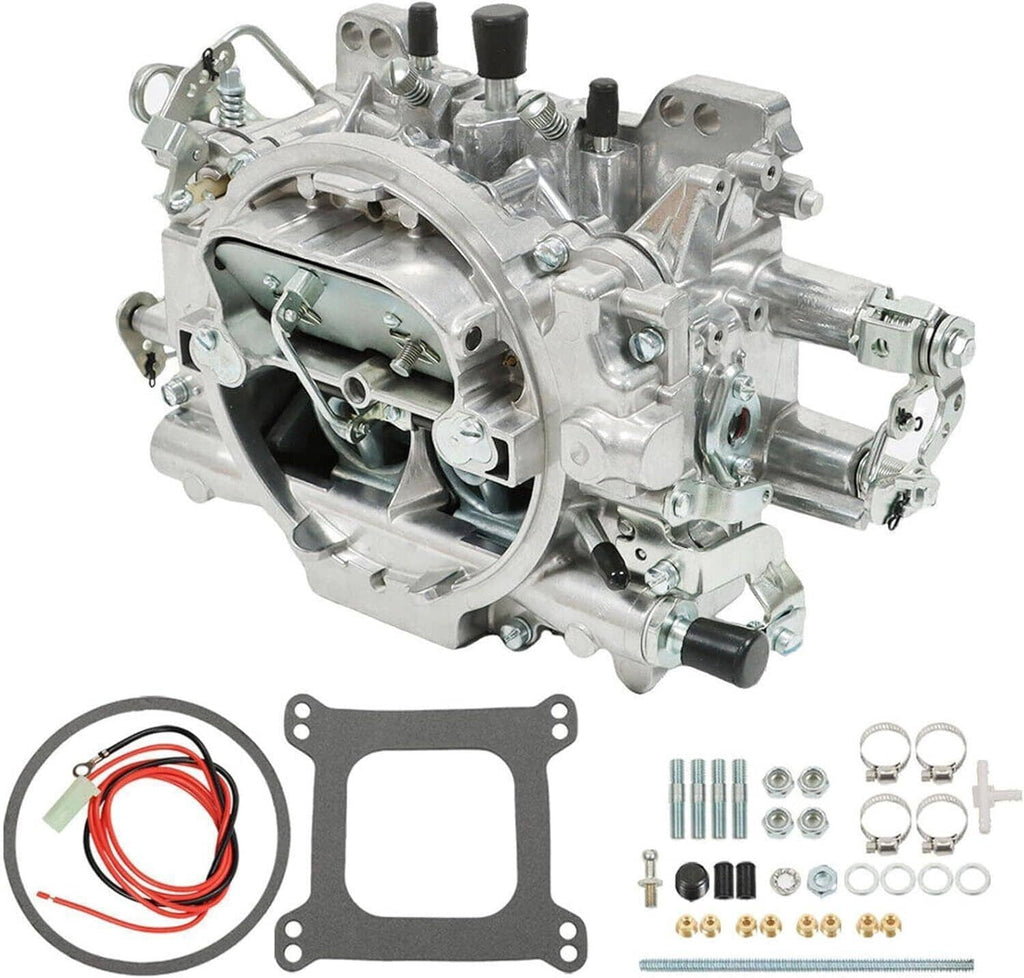 Four-barrel carburetor shown from side angle with intake opening and choke assembly