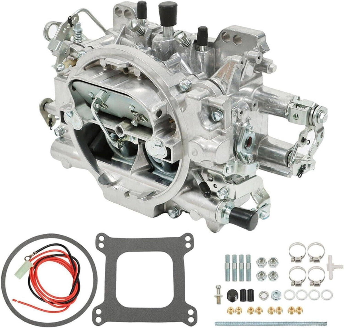 Four-barrel carburetor shown from side angle with intake opening and choke assembly