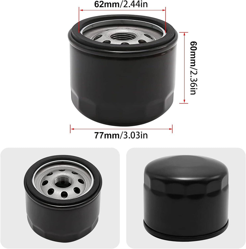Oil filter canister with black housing and perforated metal center, shown with dimensions.