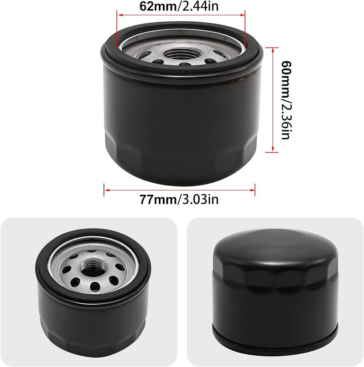 Oil filter canister with black housing and perforated metal center, shown with dimensions.