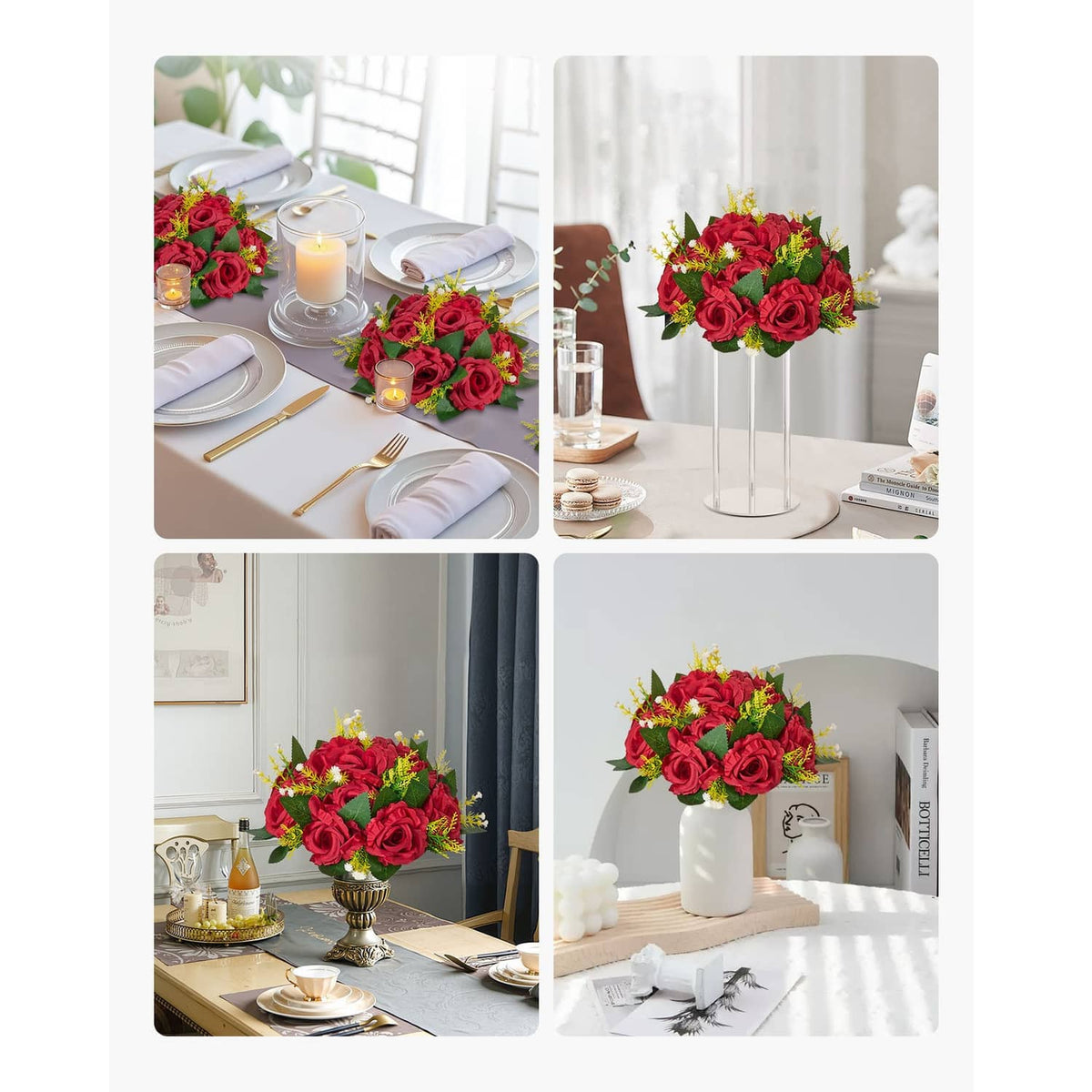 Red artificial flower ball set displayed on tables with candles and clear stands
