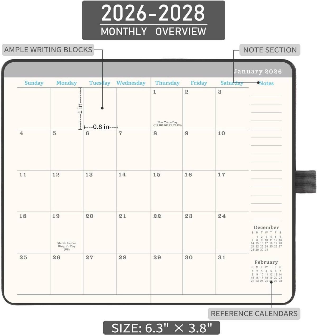Monthly calendar page with “2026 monthly overview” grid and note section, inside pocket planner
