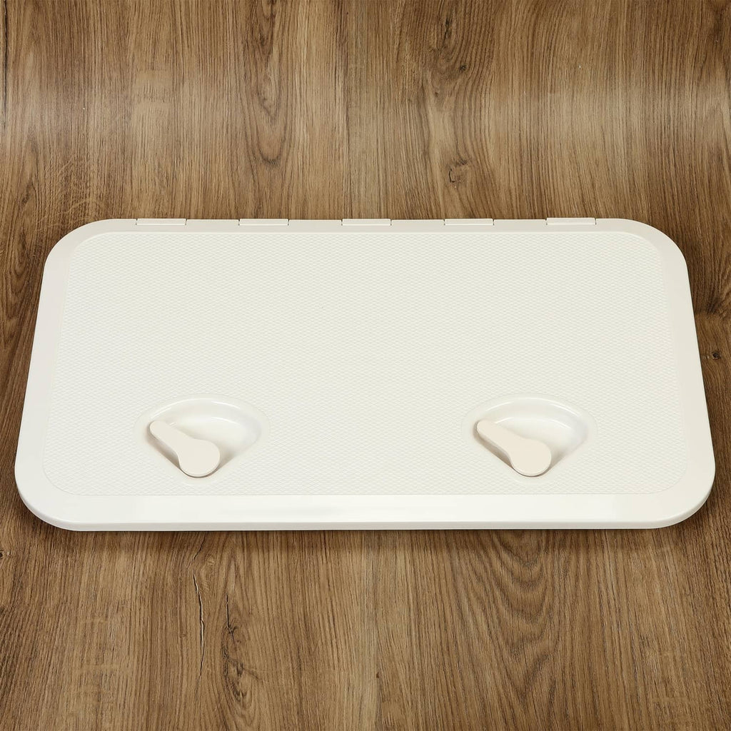 White marine deck hatch lid closed with two molded handles
