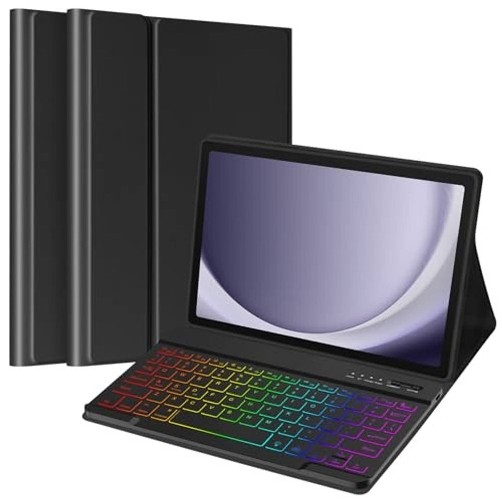 Black folding keyboard case with multi-color backlit keys for tablet