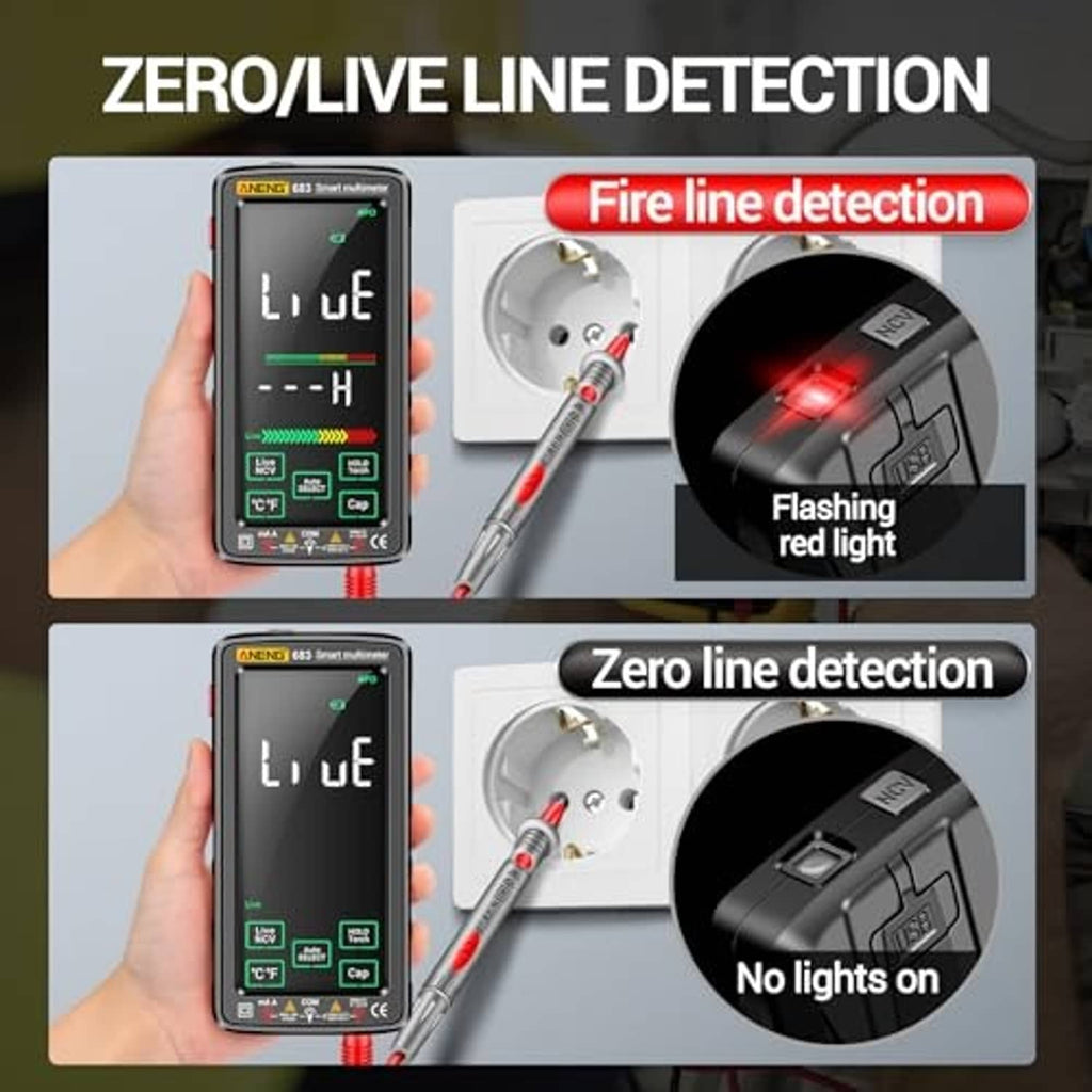 Black smart digital multimeter hand-held with touch-screen and two test probes