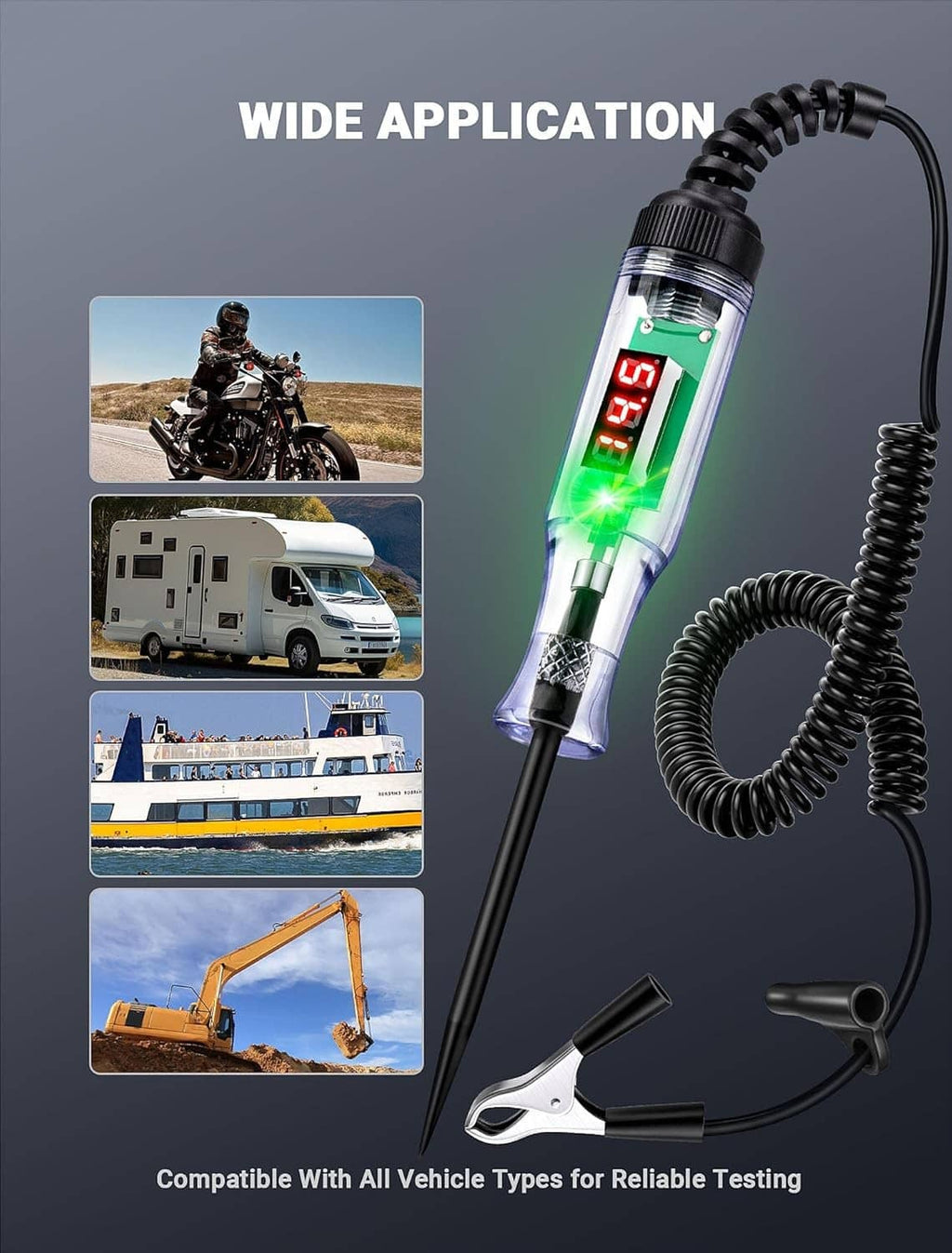 Automotive test light with coiled cord and digital volt display for vehicle circuit testing