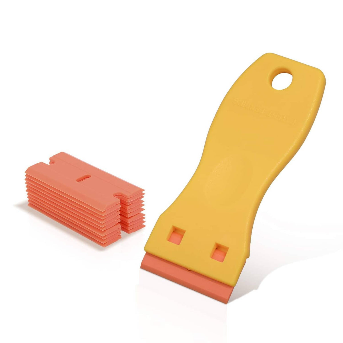 Yellow plastic razor scraper handle with stacked double-edge blades, orange blade holder