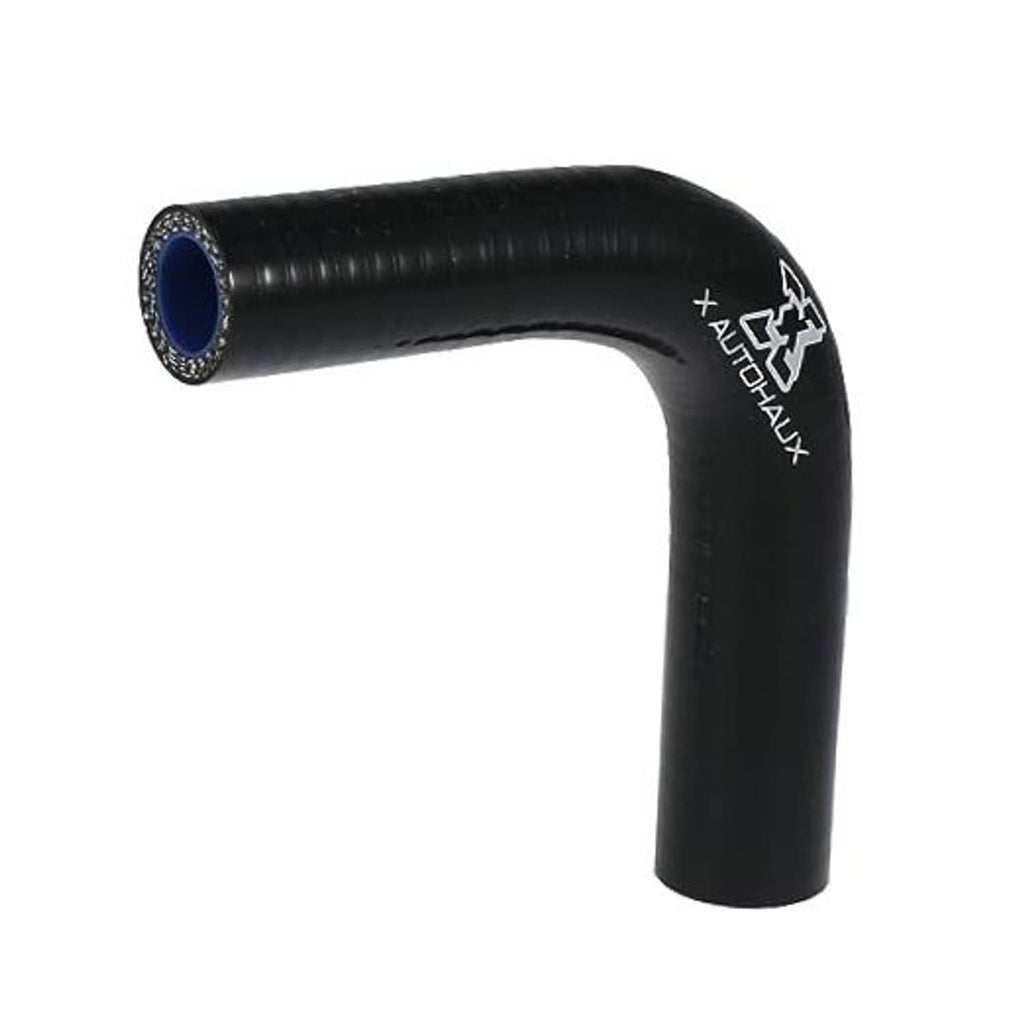 90-degree elbow hose reducer, black rubber with blue inner ends