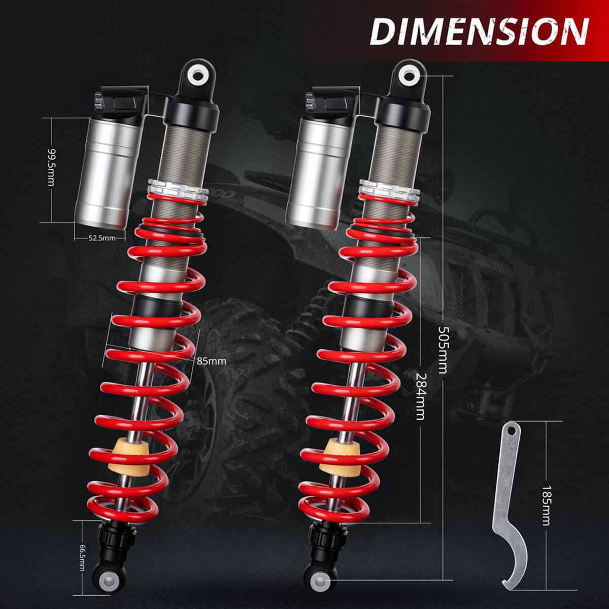 Two shocks absorbers with red coil springs and silver cylinders with measurement overlay