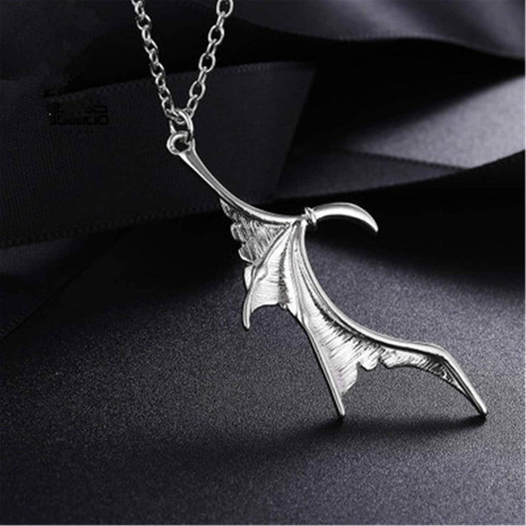 Silver bat-wing heart pendant necklace on a chain
