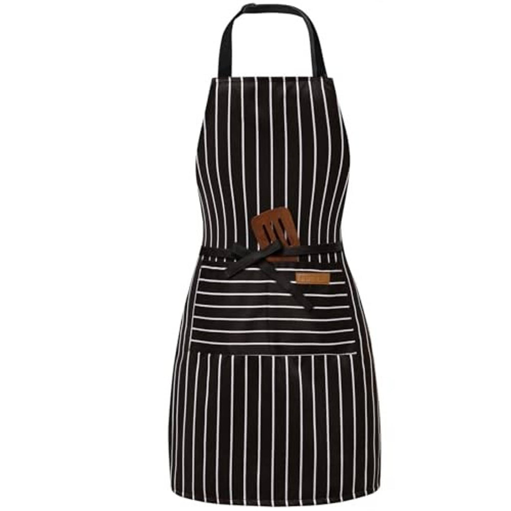 Black striped cooking apron with adjustable neck strap, front tie, and two pockets