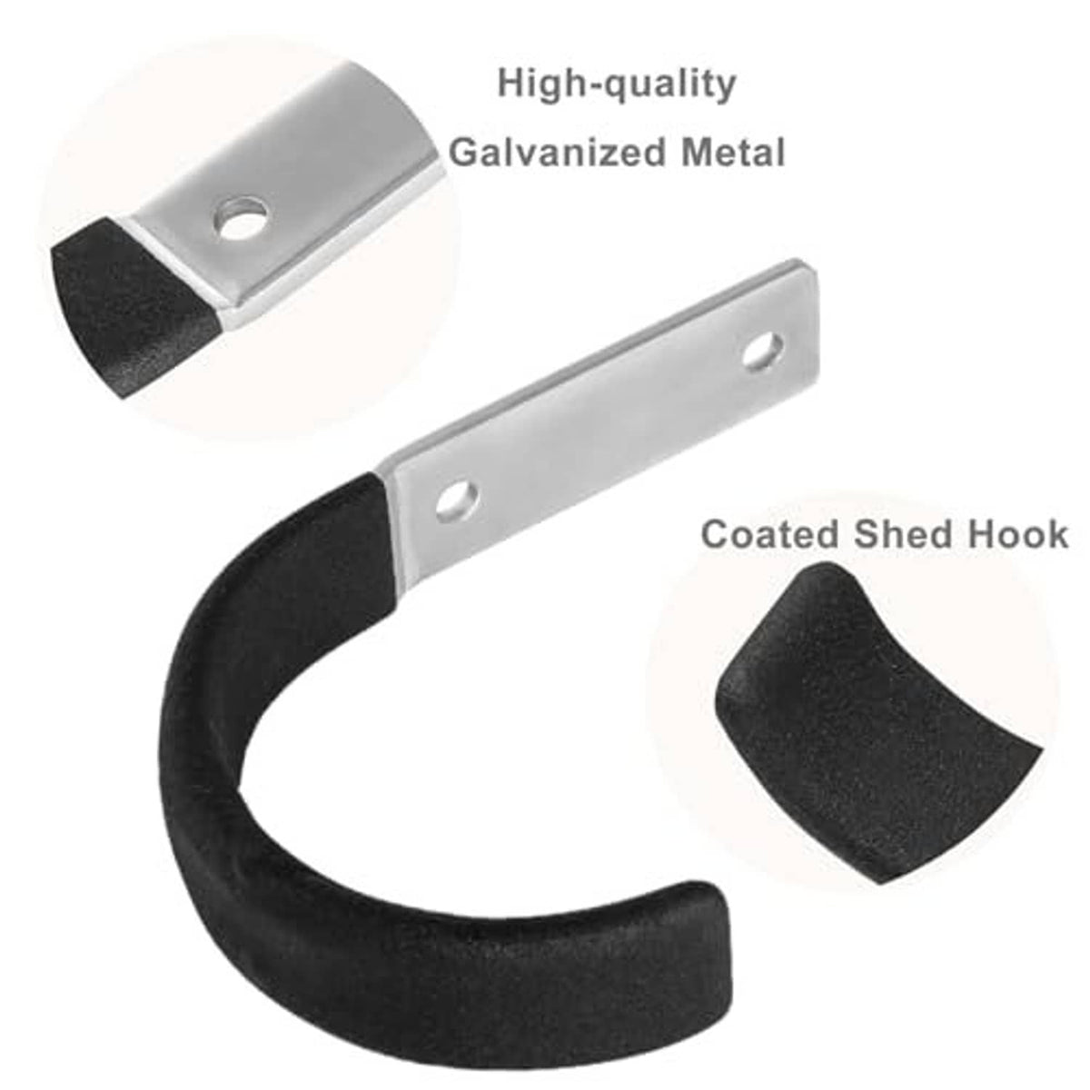 Coated shed hook with black U-shaped rubber grip and silver galvanized metal bracket