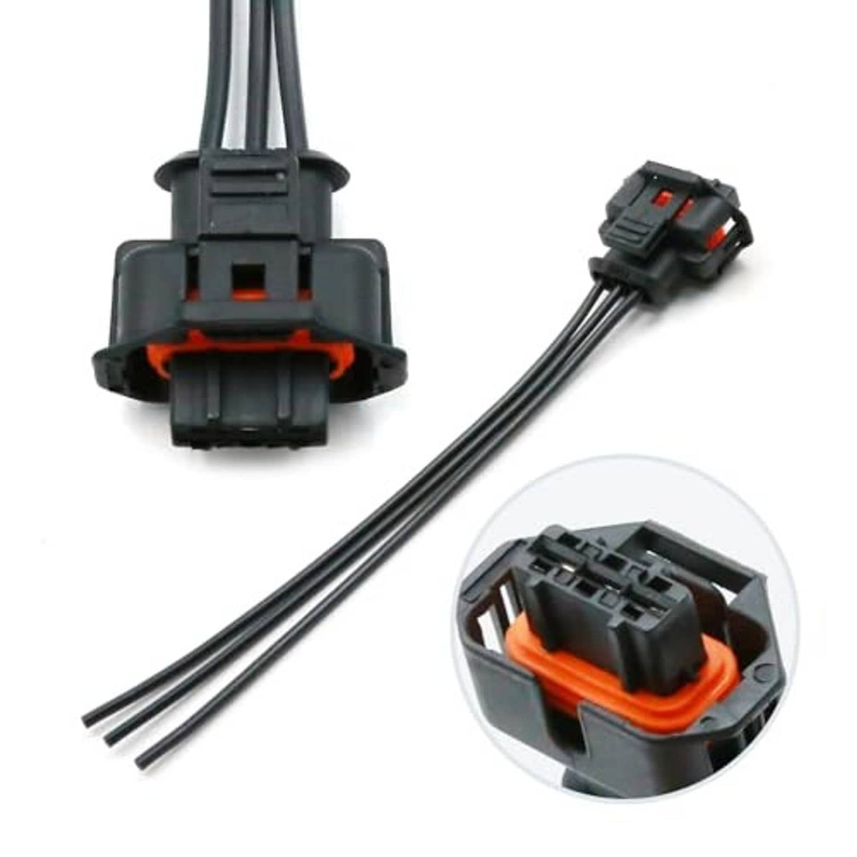 Throttle sensor connector wiring harness with black clips, orange seals, and two-wire cable