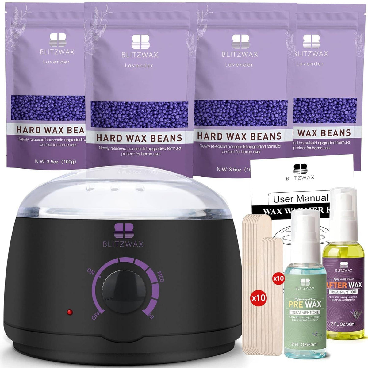 Black electric wax warmer with lavender wax accessories: beans, manual, sprays, and sticks