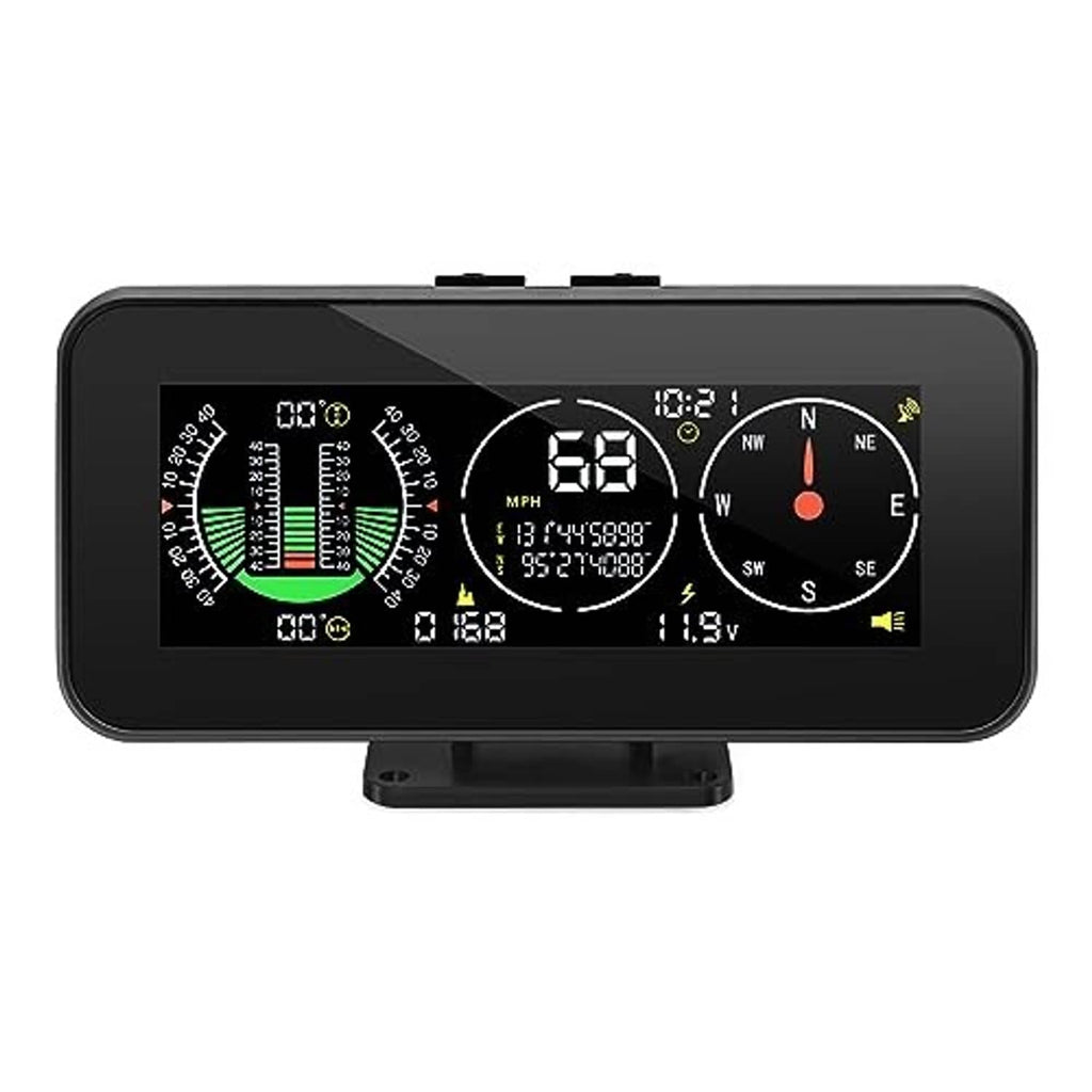 Digital HUD inclinometer with compass, mph, and voltage display, mounted with suction base