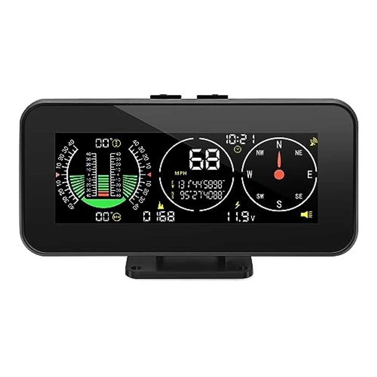 Digital HUD inclinometer with compass, mph, and voltage display, mounted with suction base