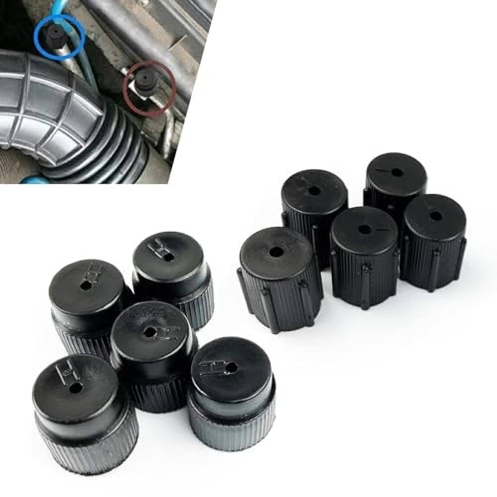 Set of 10 black ribbed AC valve caps with center pinhole openings