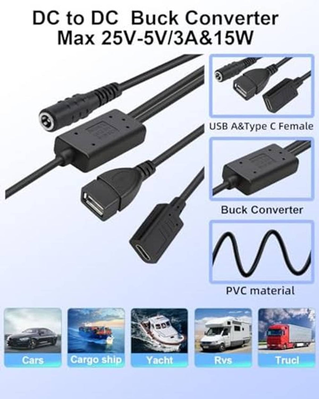 DC buck converter with DC barrel input and USB-A and USB-C output cable set