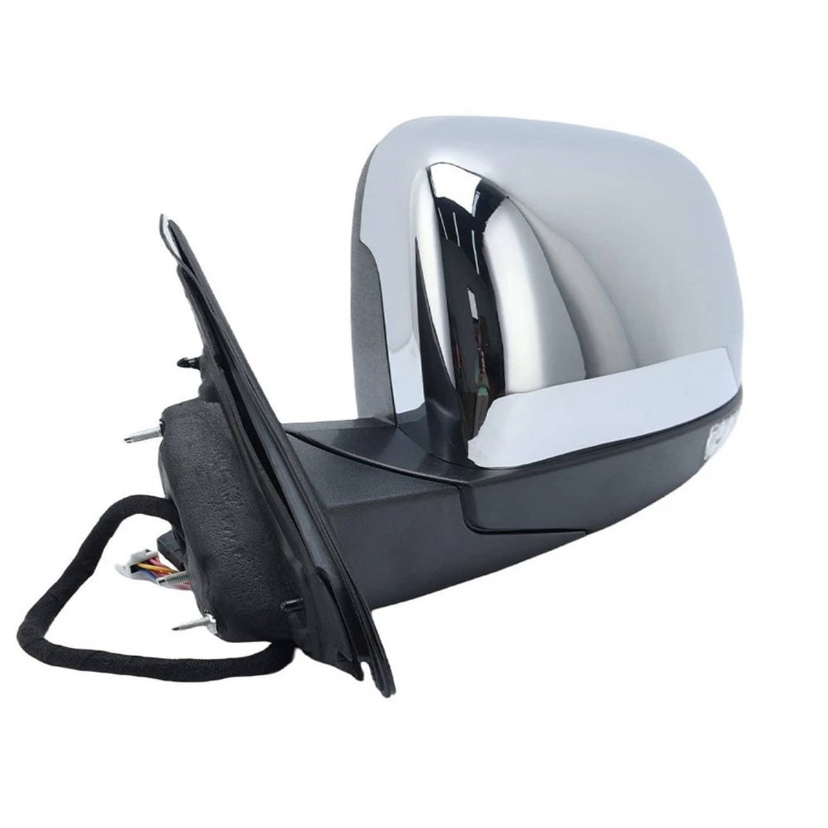 Manual-fold driver-side mirror with black cap, white glass, and wiring harness