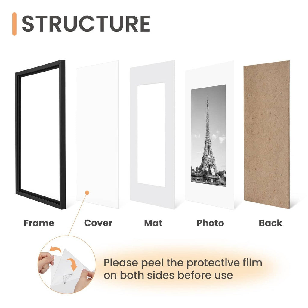 Black picture frame set parts: frame, protective cover, mat, photo, backing