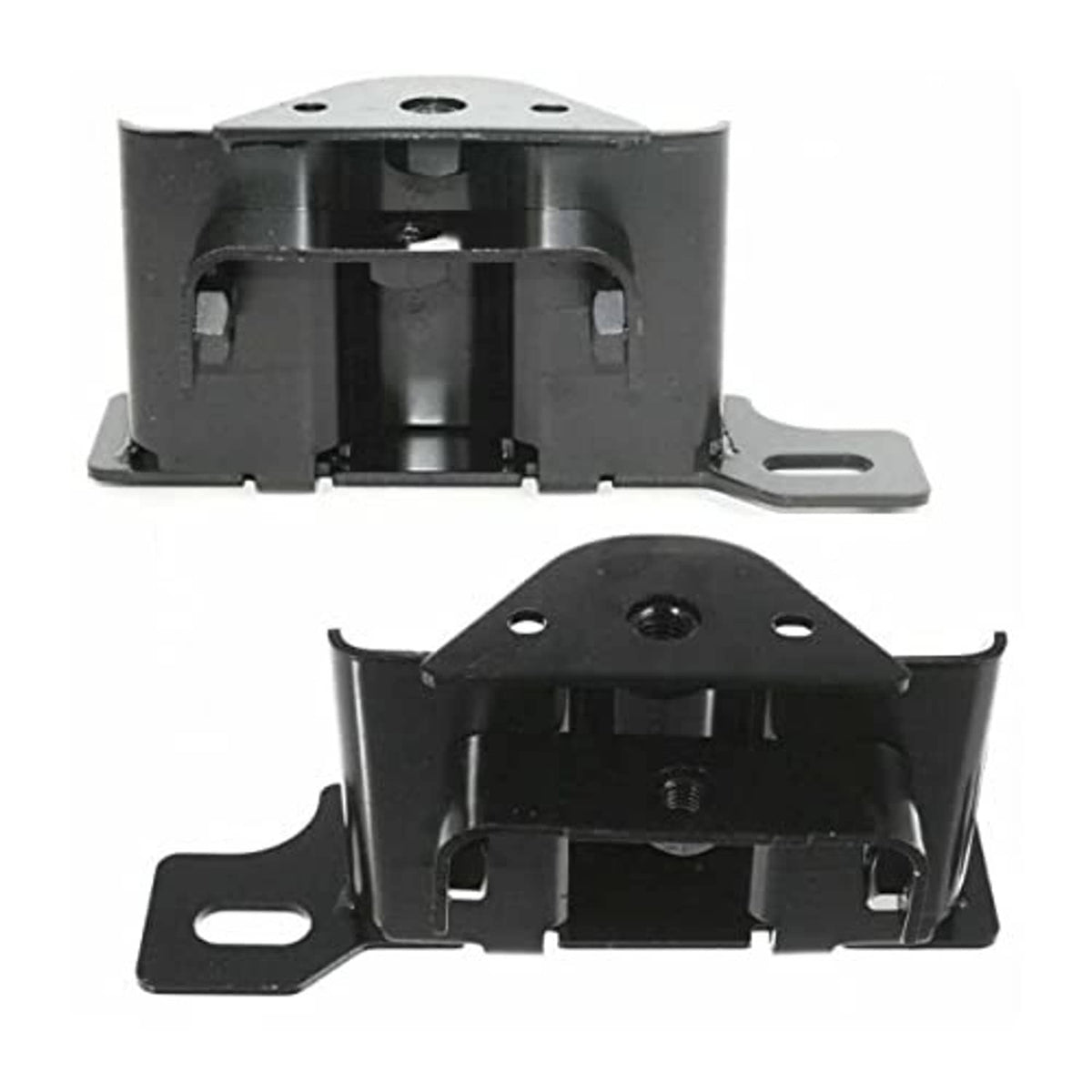Front bumper bracket pair with bolt holes and studs, dark metal mounting plates