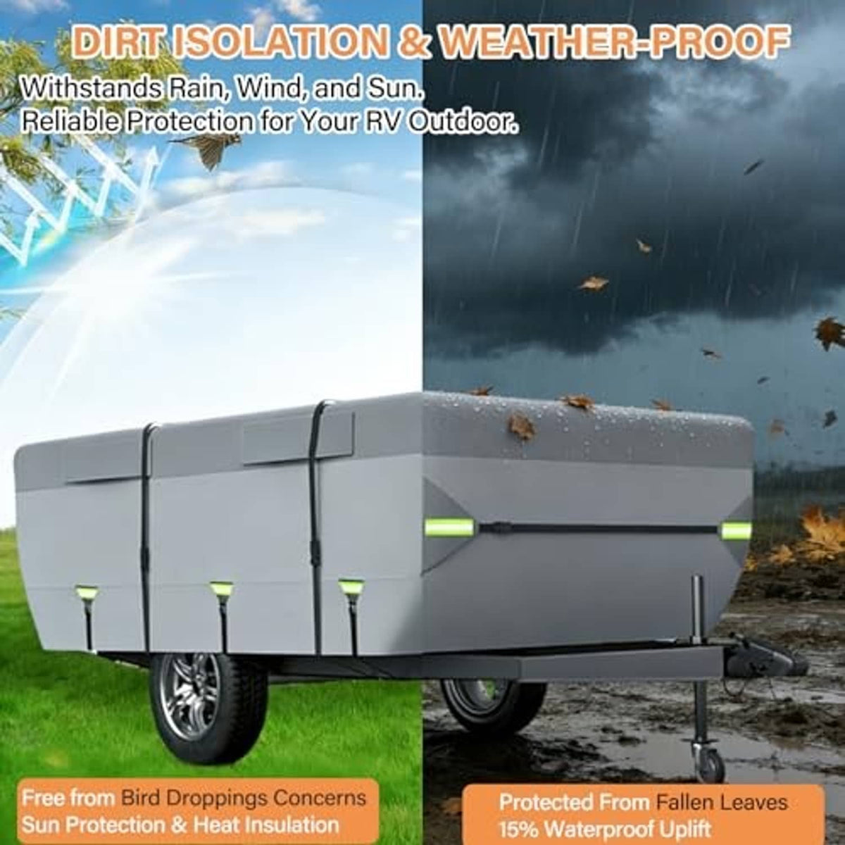 Gray pop-up camper trailer cover with water-shedding outdoor protection look