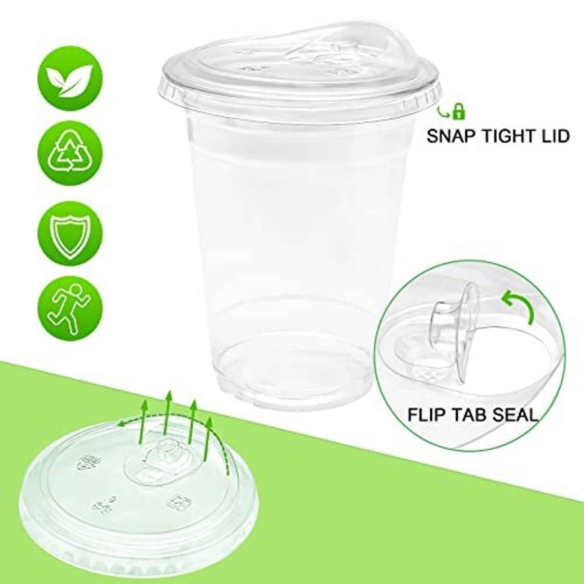 Clear plastic 16 oz cup with snap-tight lid and flip-tab sip opening